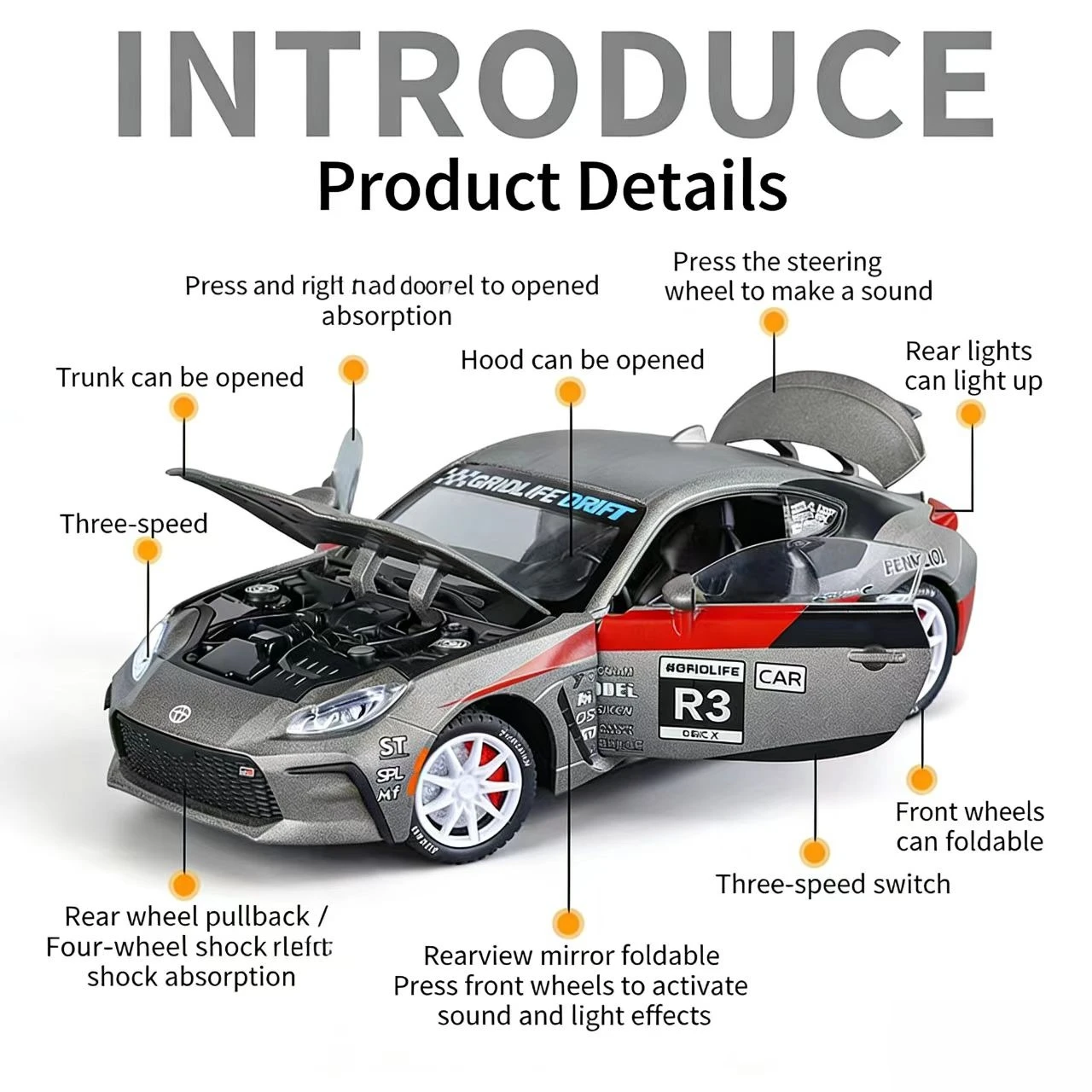 1:24 Toyota GR86 Sports Car Alloy Model – Sound & Light Effects, Pull-Back Toy Car | Sound Effect Model Decoration