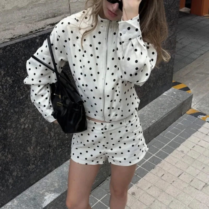 Tuularose Polka Dot Bomber Jackets Women's Jackets Demi-Season Oversized Long Sleeve Top Outerwear Aviator Zip Up Crop Coats