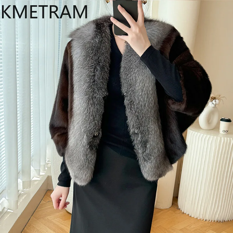 Damska kurtka z futra norki 100%, luksusowa, z rękawami typu \"batwing\", prawdziwe futro, zimowe ubrania dla kobiet, kołnierz z futra lisa, 2025 шуба женская