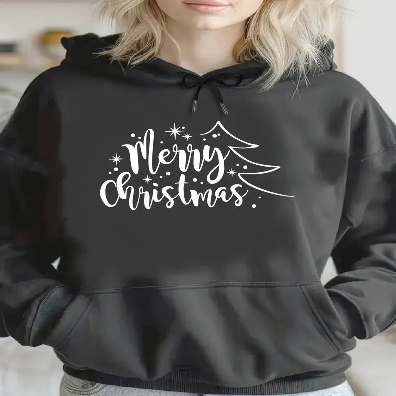 

Fall Winter Women Plus Size Sweatshirt Female Oversize Clothes Merry Christmas White Text Long Sleeve Round Neck Comfortable