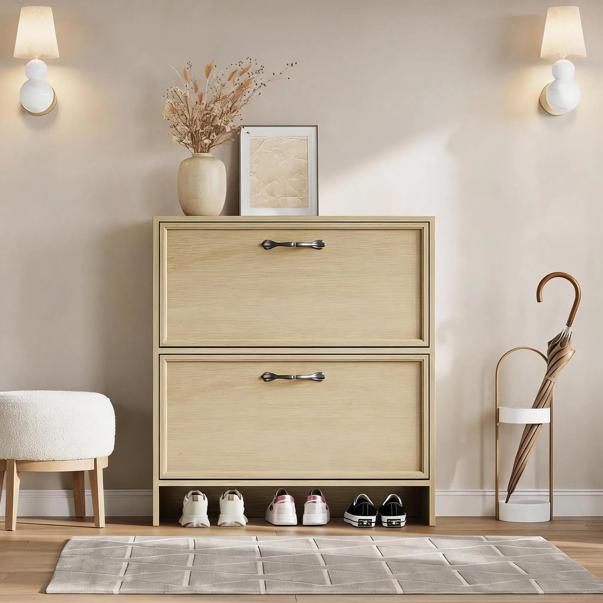 2 Flip Drawer Shoe Cabinet With Adjustable Shelves Space-Saving Narrow Entryway Organizer For 10 Plus Pairs Of Shoes Hidden Storage For Hallways And Living Room