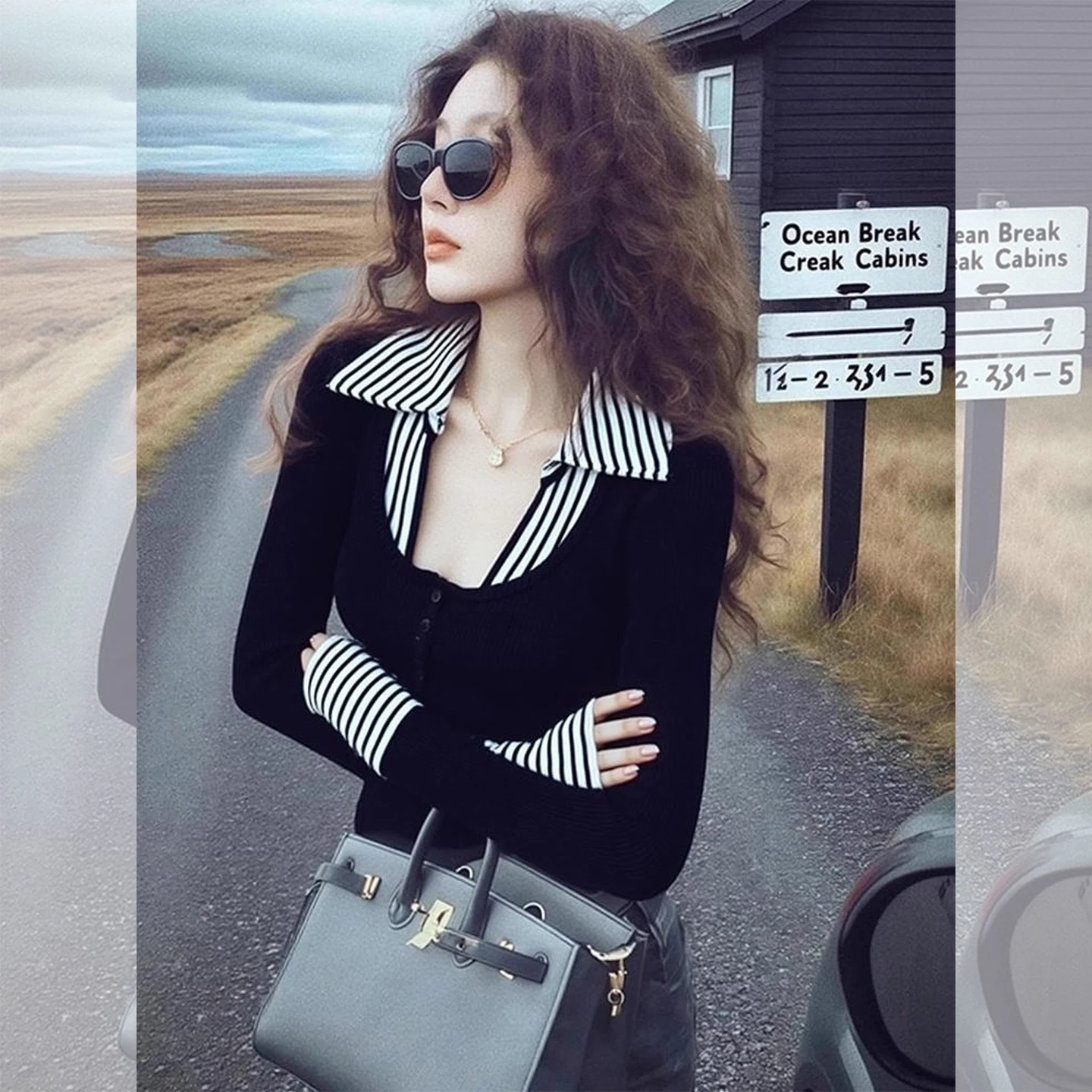 

Ele Striped Splice Knitted Base irt Women's Slim Fit Inner irt Faionable Top Light Luxury Sle Polyester Fiber