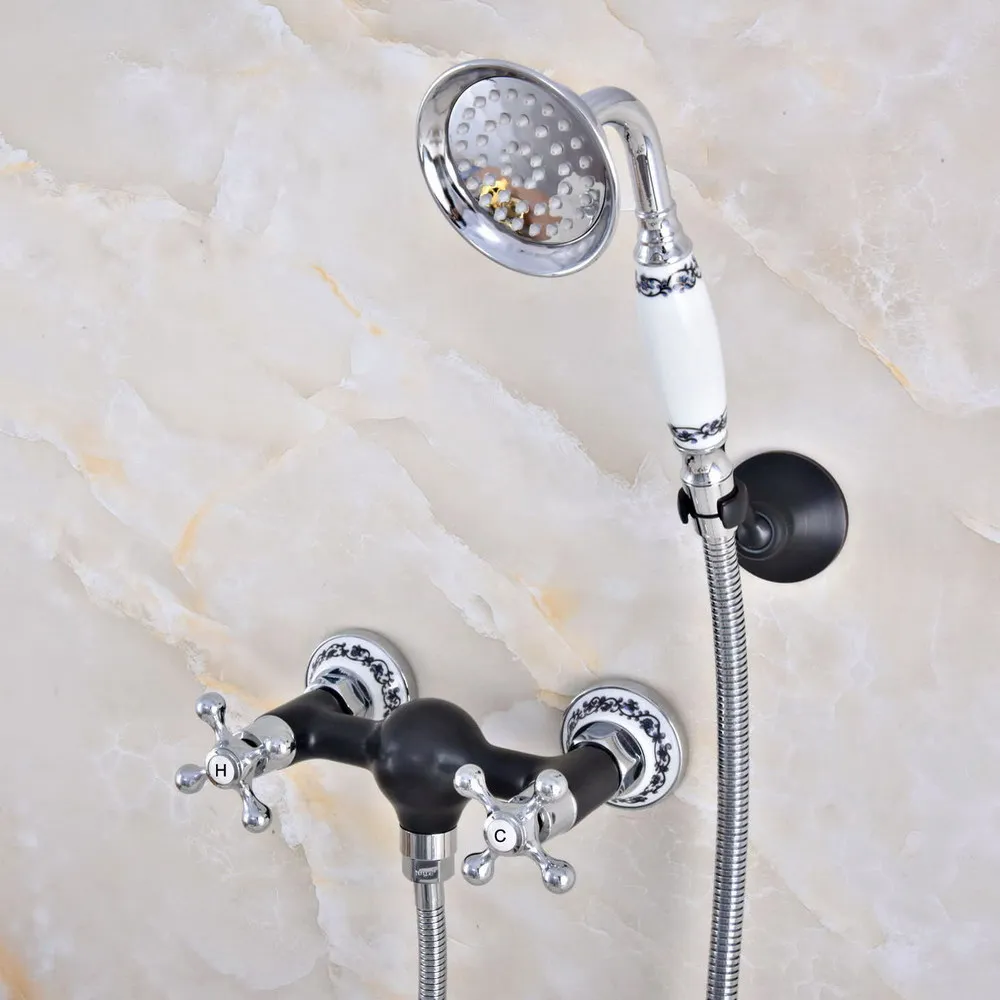 

Black Oil Rubbed & Chrome Brass Wall Mounted Bathtub Faucet with Handheld Shower Set +1500MM Hose Mixer Tap 2na643