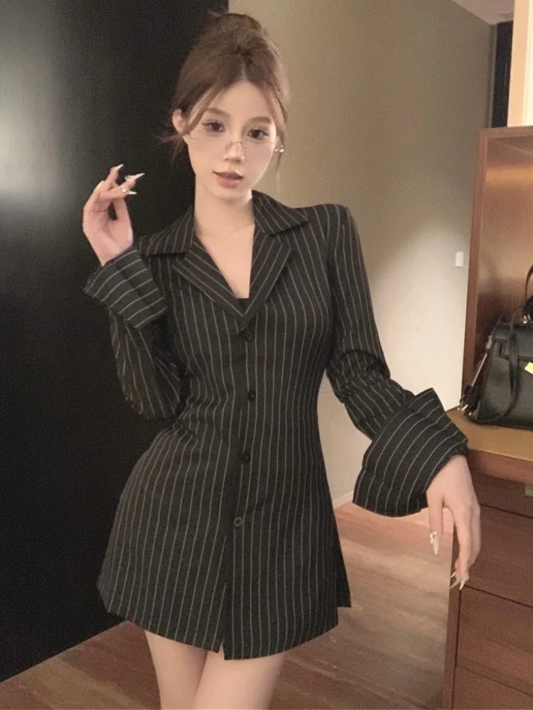 

ADAgirl Black Striped Shirt for Women Suit Collar Long Sleeve Blouse Female Office Lady Korean Style Button Up Slim Blusas Mujer