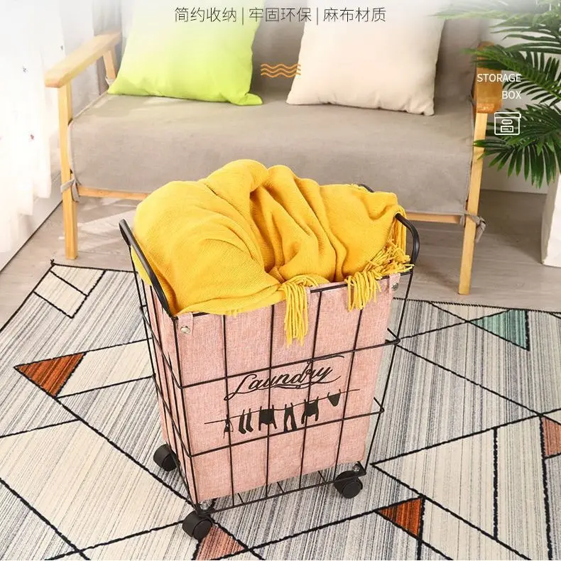 Iron Art Dirty Clothes Basket with Cover Clothes Storage Basket Nordic Style Small Table, bedside Table, Iron Tea Table Storage