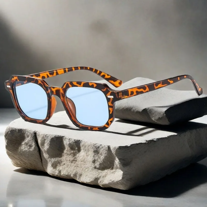 Vintage  Rivet Hexagon Sunglasses for Women Men  Fashion Blue Lens Square Sunglasses with Metal Hinge