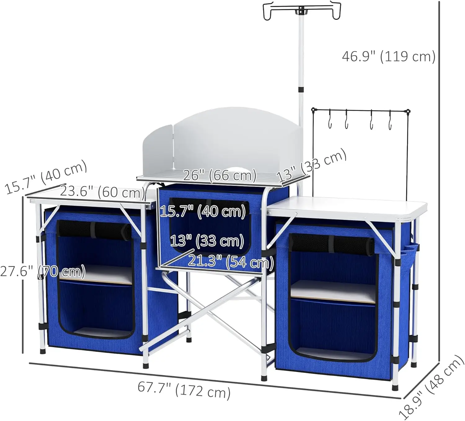 Кухонный стол для кемпинга, портативная складная походная кухня, алюминиевая кухонная станция с 3 тканевыми шкафами, лобовое стекло