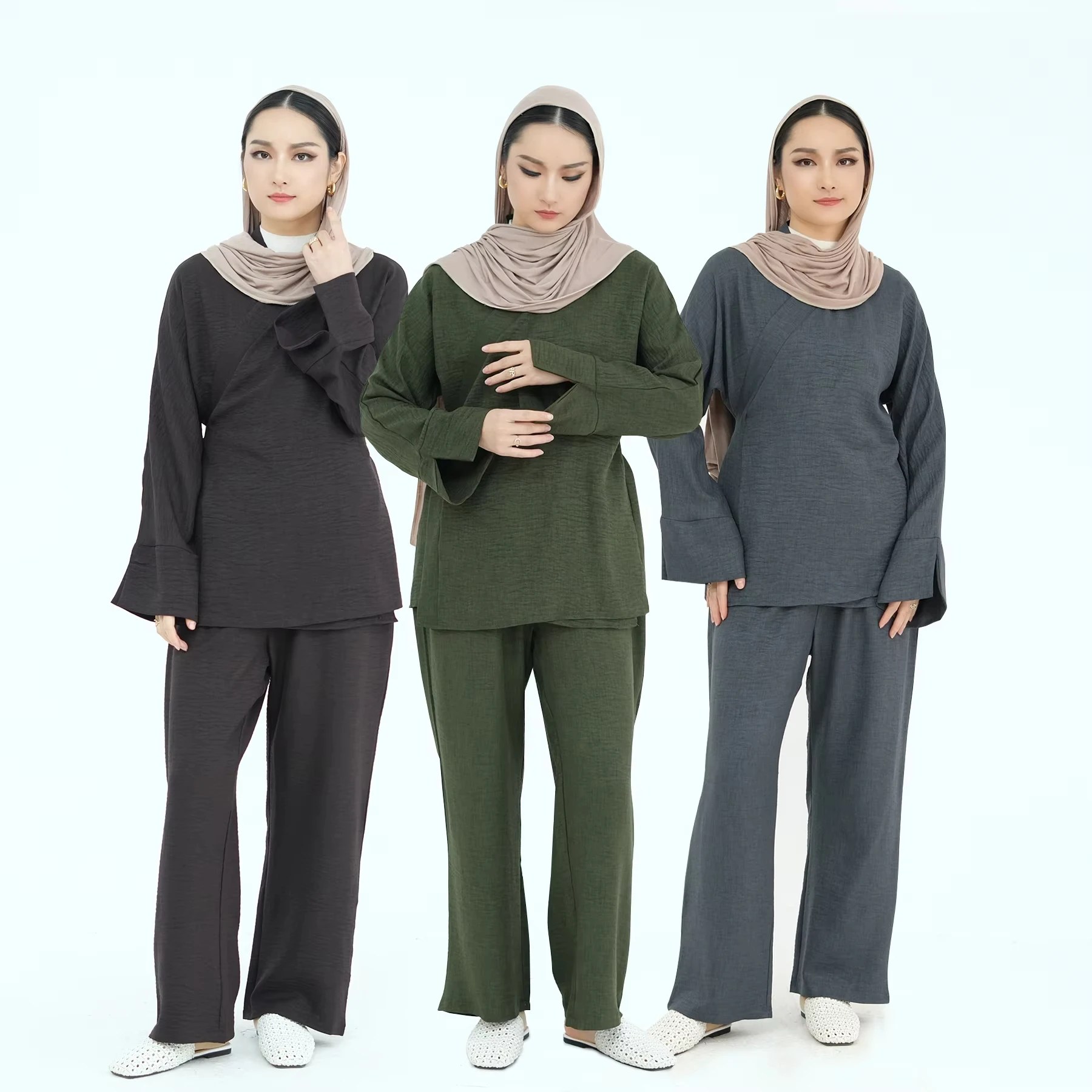 Women Muslim Sets Solid Color Suit Modest Islam Clothing Turkish Lace-up Top Wide-leg Pants Trousers 2-piece Set