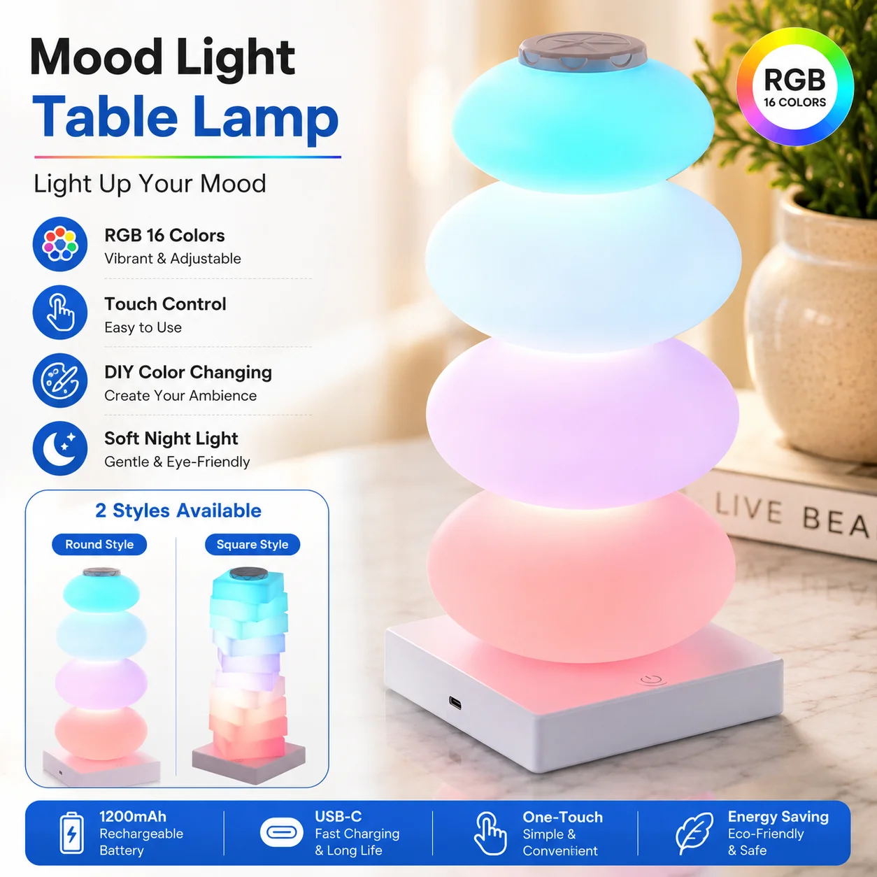 LED-Stimmungstischlampe, gestapelter Lampenschirm, dimmbare 16-Farben-RGB-Nachtlampe für Wohnzimmer und Haushalt.