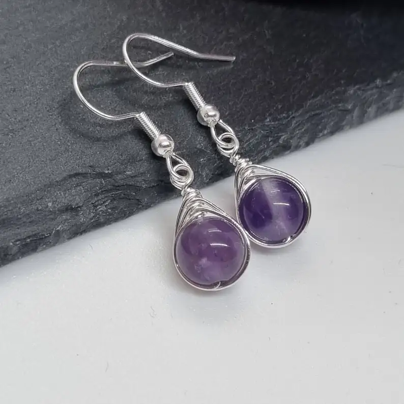 Amethyst Earrings, Wire Wrapped Earrings, 925 Sterling Silver Plated Hooks, February Birthstone