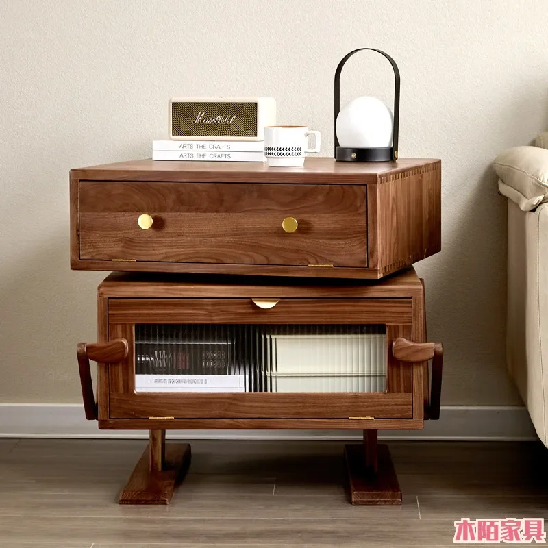 Robot All Solid Wood Bedside Table Black Walnut Cartoon Storage Cabinet Bedroom Children's Room Multifunctional Locker
