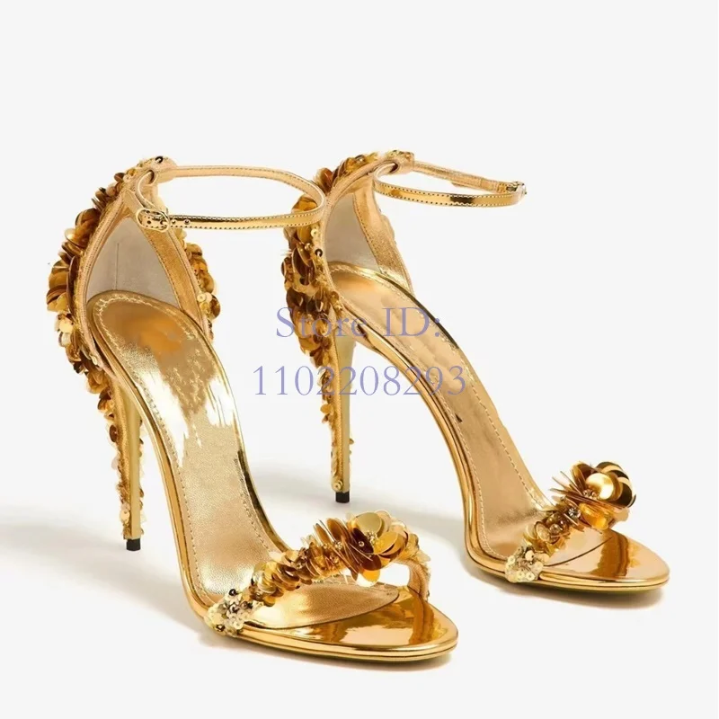 

Sequined Flowers Gold Thin High Heel Sandals Round Toe Back Buckle Strap Stiletto Sandals Summer Women Fashion Sexy Shoes 2024