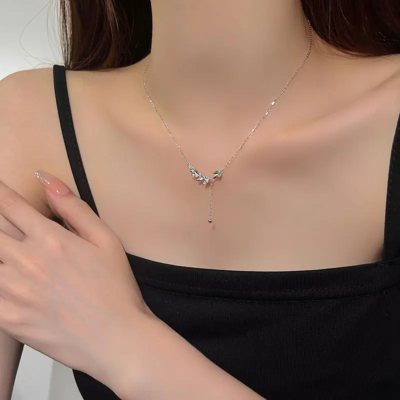 S999 sterling silver small fresh leaf wheat ear tassel necklace temperament light luxury clavicle chain suitable for daily wear