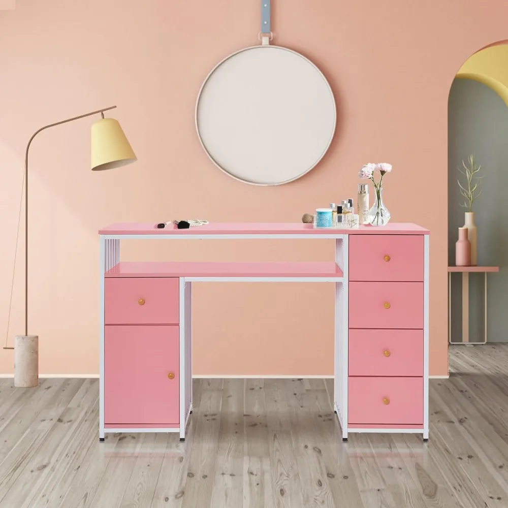 Nail Desk with Storage Cabinet Manicure Table with 5 Drawers Makeup Storage Home Beauty Salon Spa Workstation with Metal Frame.