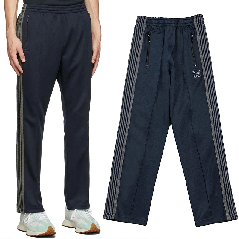 

Arrival Pants Butterfly Embroidery Webbing Track Stripe Dark Blue Street Sweatpants Zipper Men Women Trousers Oversize