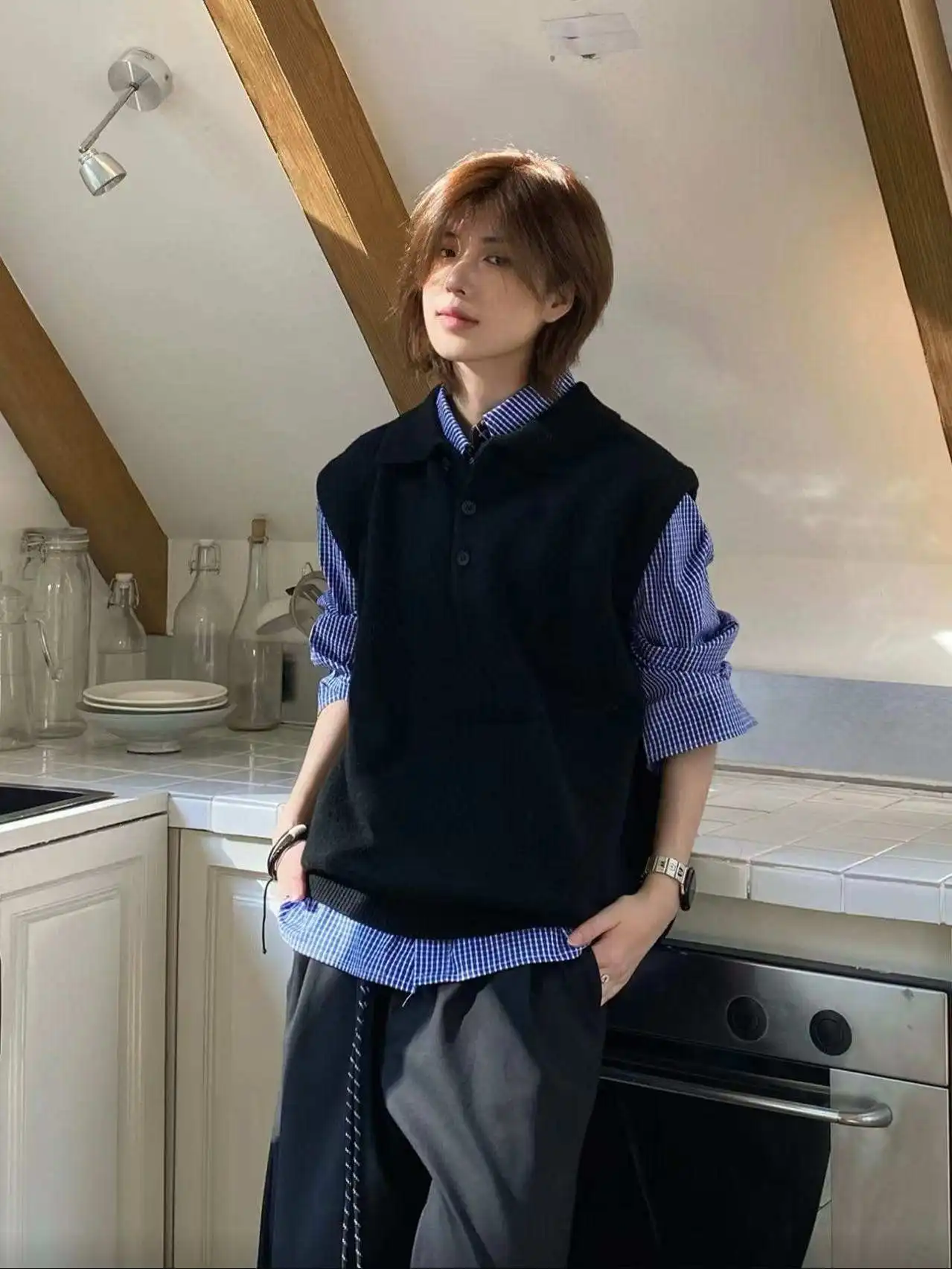 

Простой вязаный жилет в американском стиле ретро, осенне-зимний многослойный мужской жилет с воротником-стойкой, свободный крой, повседневный клетчатый узор