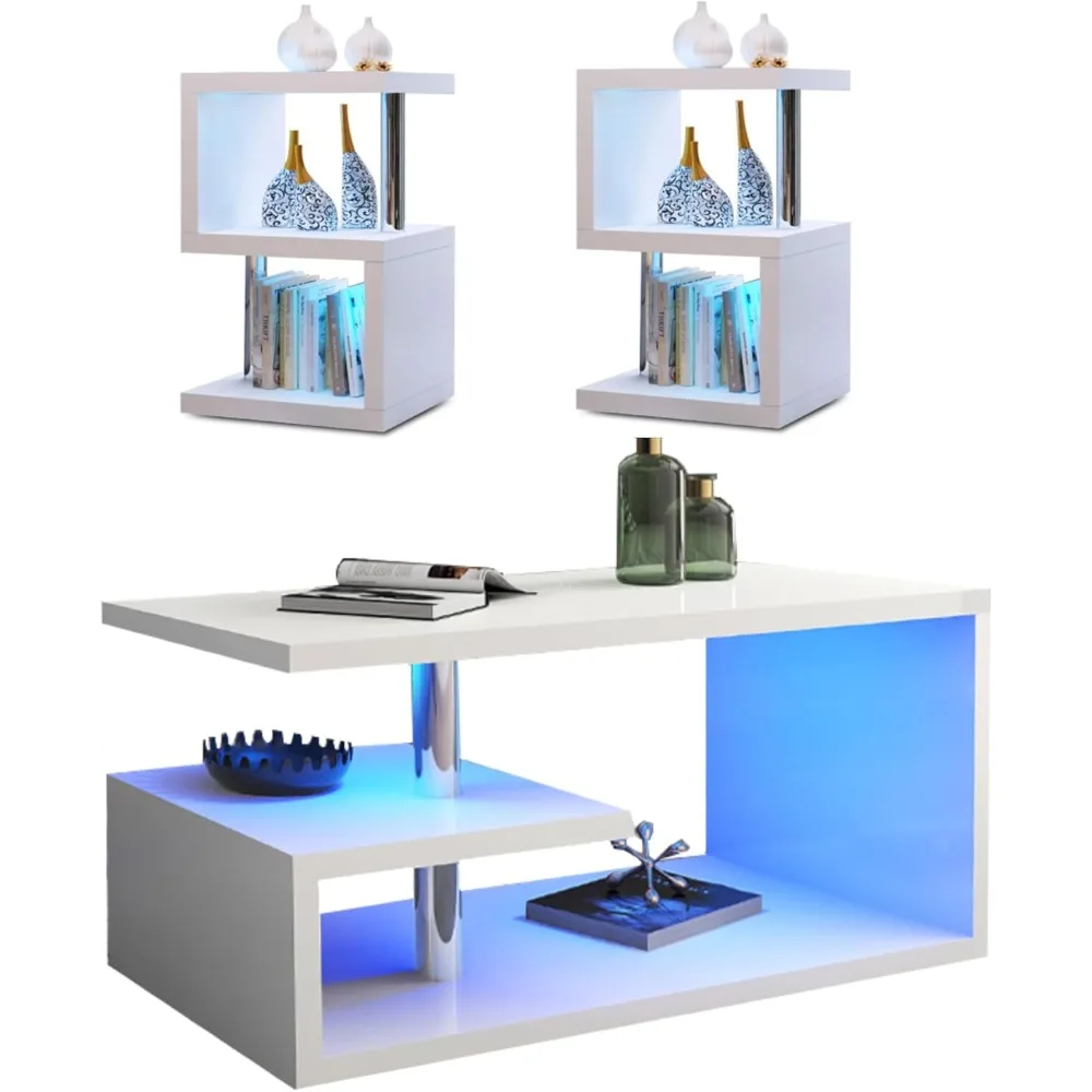 High Gloss Coffee Table with 16 Colors LED Lights, 3 Tiers Sofa Side Table with Storage, Center Table Modern Home Furniture