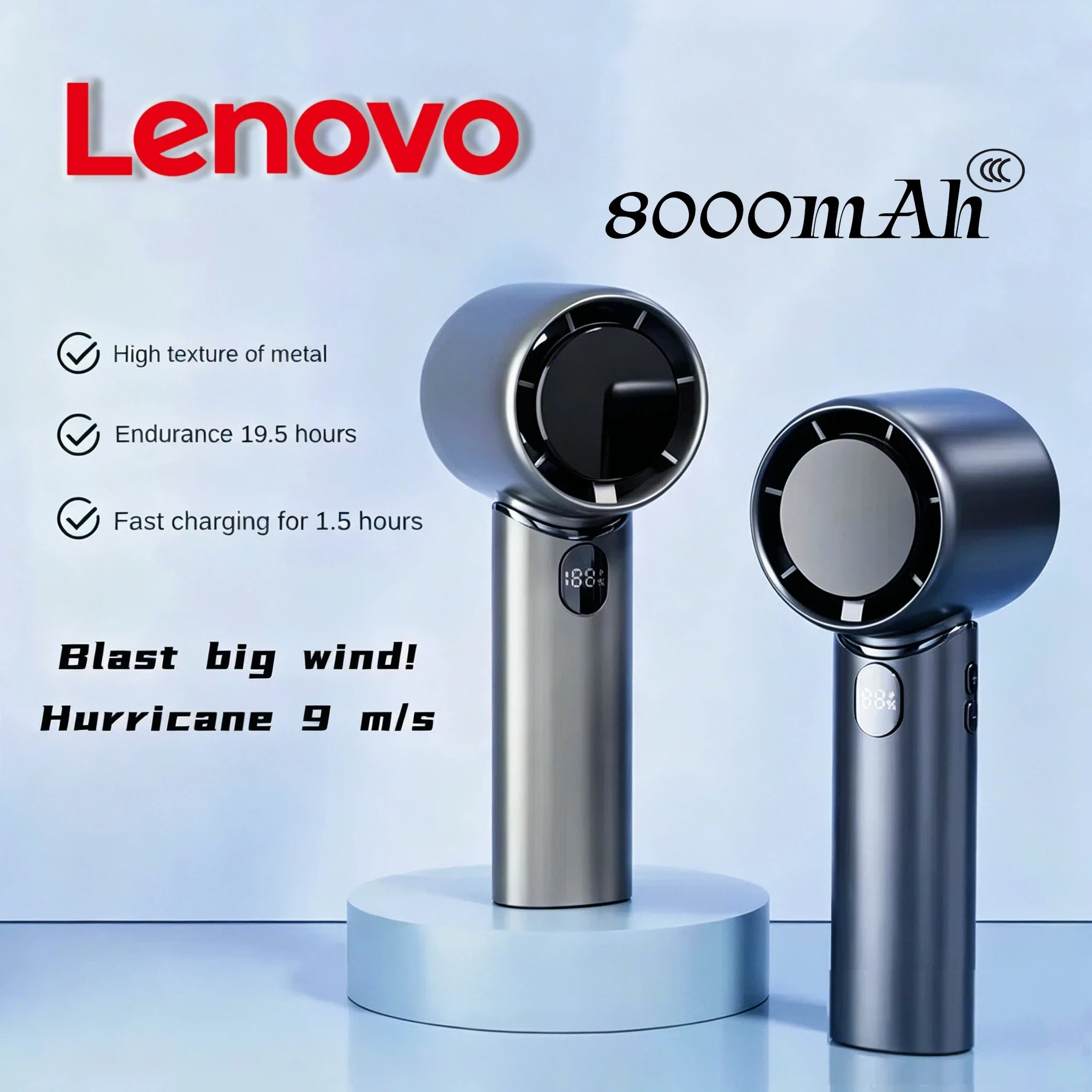 Lenovo 8000 mAh tragbarer Lüfter, digitales Display, leiser, kabelloser Luftzirkulationsventilator, USB-Aufladung, Mini-Desktop-Kühler für den Innenbereich