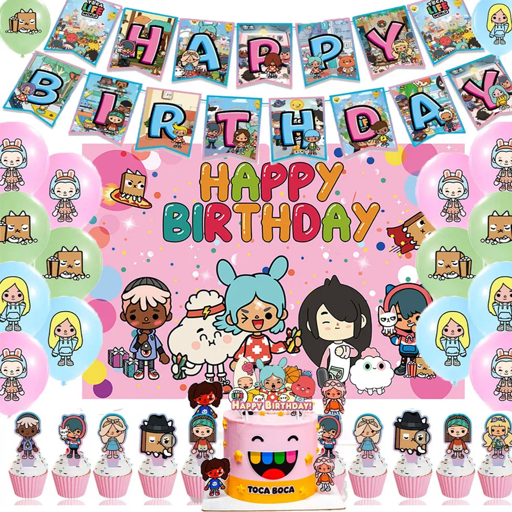 

Toca Life World Theme Kids 1st Birthday Party Cartoon Game Color Rainbow Balloon Vinyl Backdrop Photography Banner Studio Props