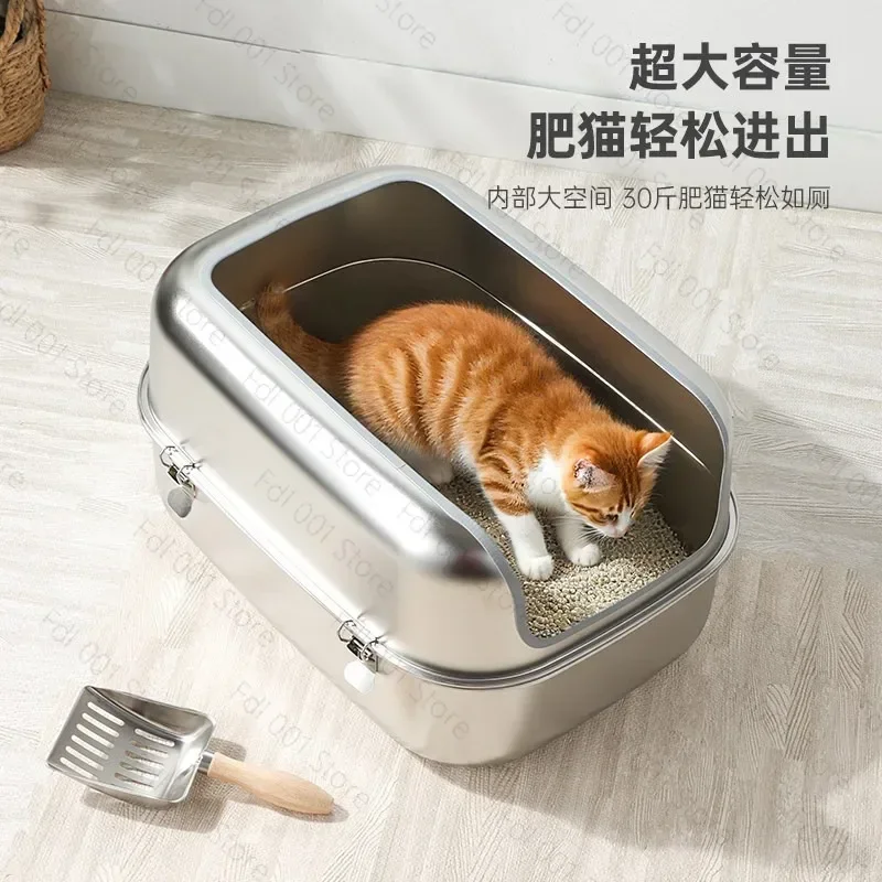 Stainless Steel Cat Litter Pan Open Design Giant Cat Urinal Splash-Proof with Side Opening Deodorant Feature for Cats