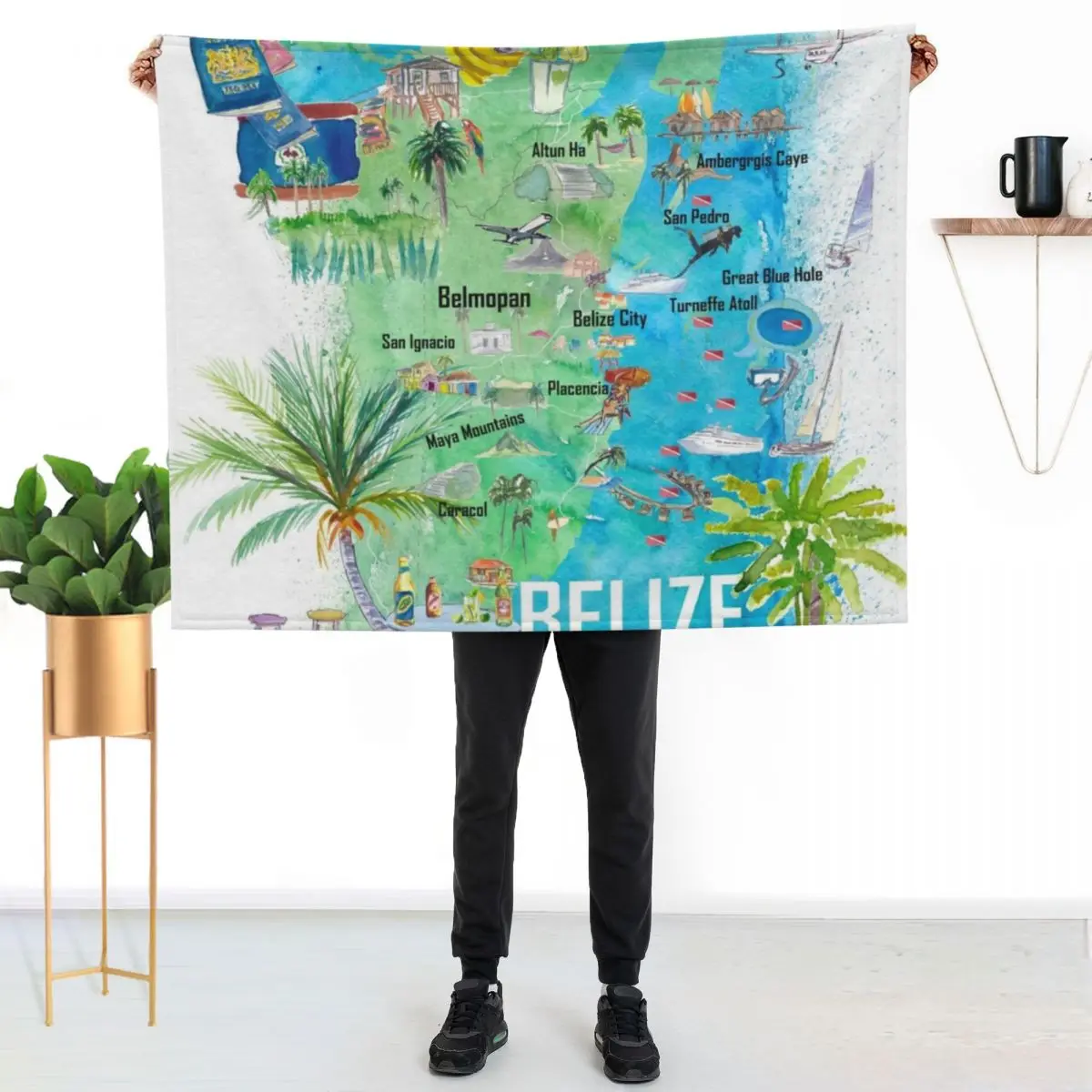 Belize Caribbean Illustrated Travel Map with Roads and Tourist Highlights Throw Blanket