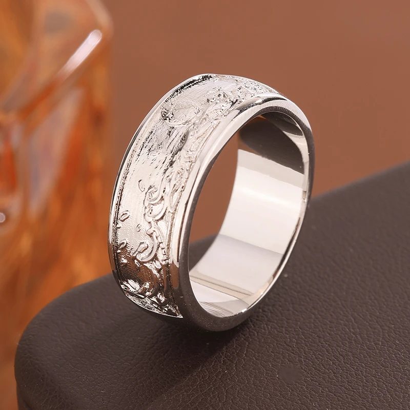 Vintage Engraved Pattern Men Ring 925 Silver Wide Band Ring Retro Carved Relief Finger Ring Punk Wedding Anniversary Gi