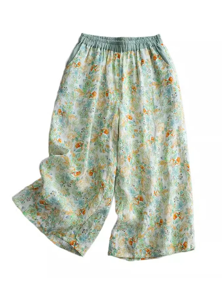 Floral Print Wide Leg Pants for Women 2024 New Summer Casual Loose Thin Straight Trousers Retro Literary Cool Harem Pants