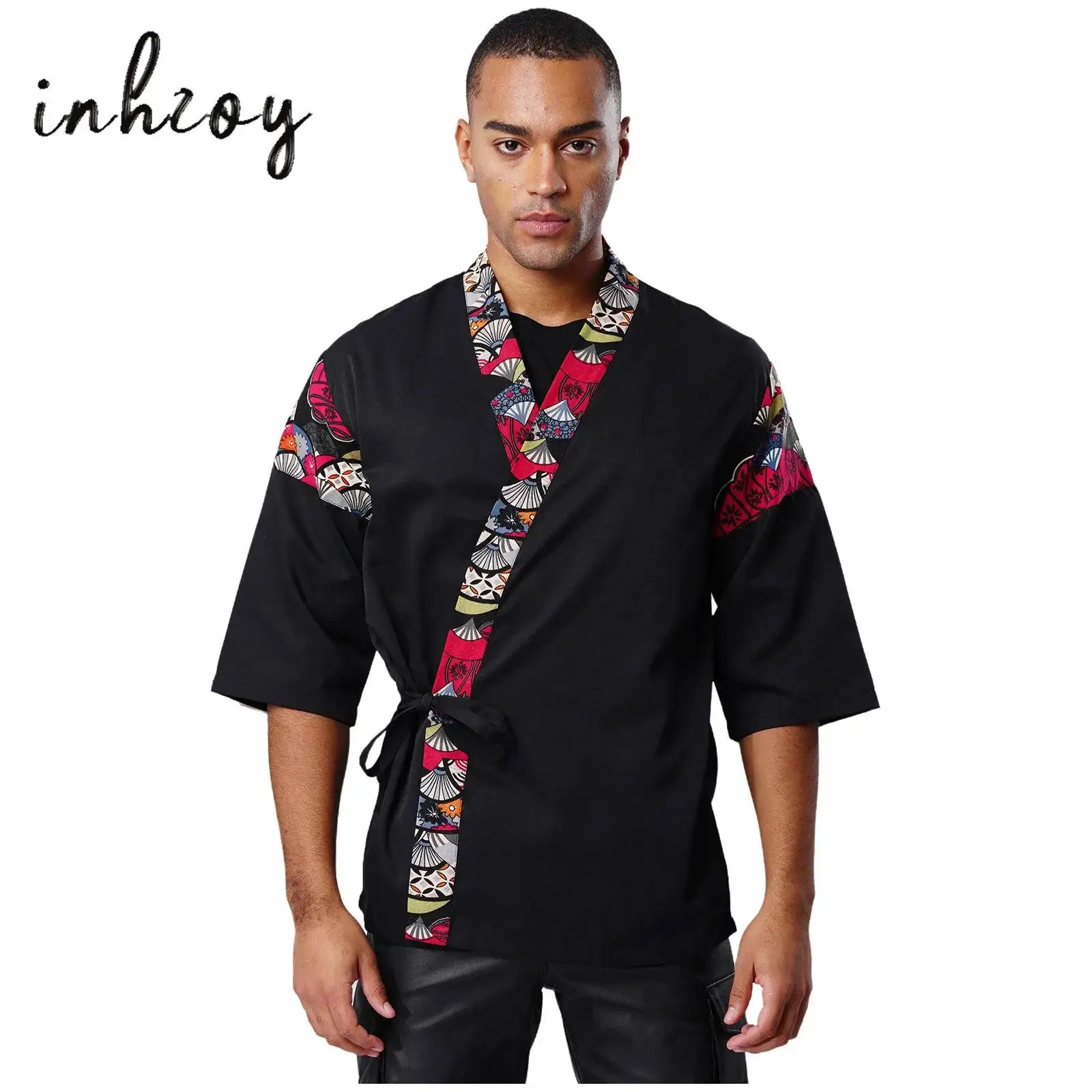 

Mens Japanese Sushi Chef Coat Kimono Jackets Floral Printed 3/4 Sleeve Lace-up Cook Workwear for Izakaya Cuisine Restaurant