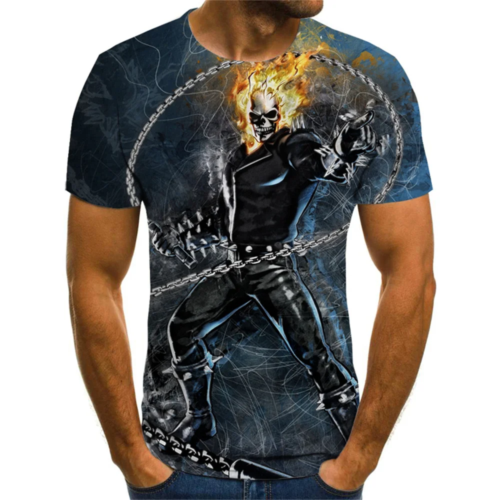 Mens Skull T shirts Fashion Summer Short Sleeve Ghost Rider Cool T-shirt 3D Skull Print Tops Rock Fire Skull Tshirt Men 2024