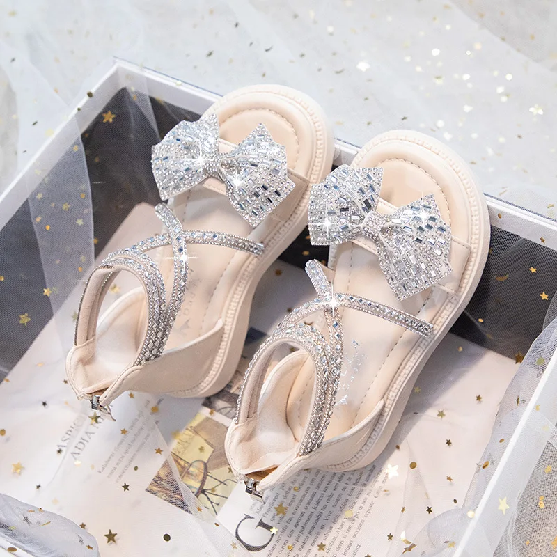 Sandales princesse à bout ouvert pour filles, avec nœud en diamant, à l'offre elles souples, nouvelle collection été 2024