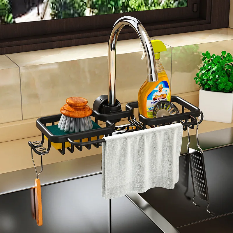 Kitchen Aluminum Sink Storage Rack Sponge Drain Holder Drainer Faucet Shelf Basket Towel Organizer Bathroom Accessories