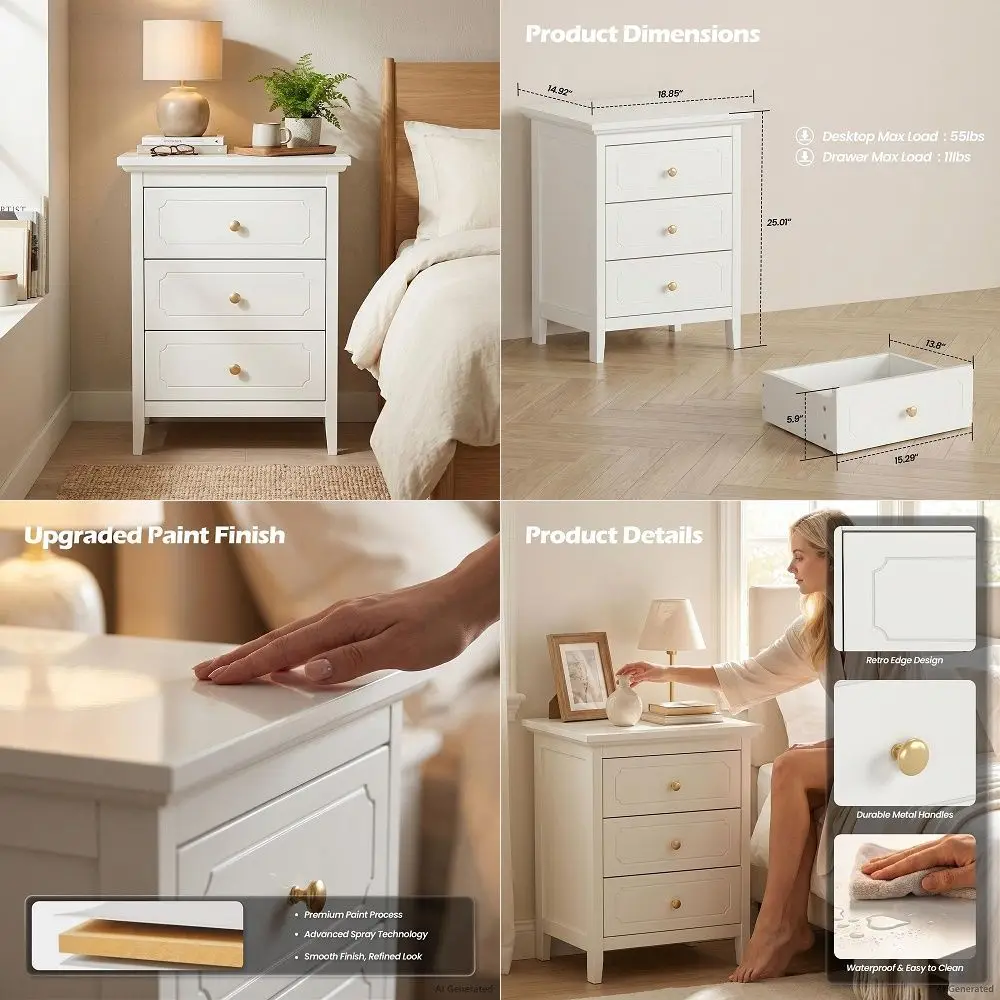 

3 Drawer Nightstand White Side Table 19 Bedroom Night Stands End Table for Living Room Bedroom with Storage 1 Set Furniture