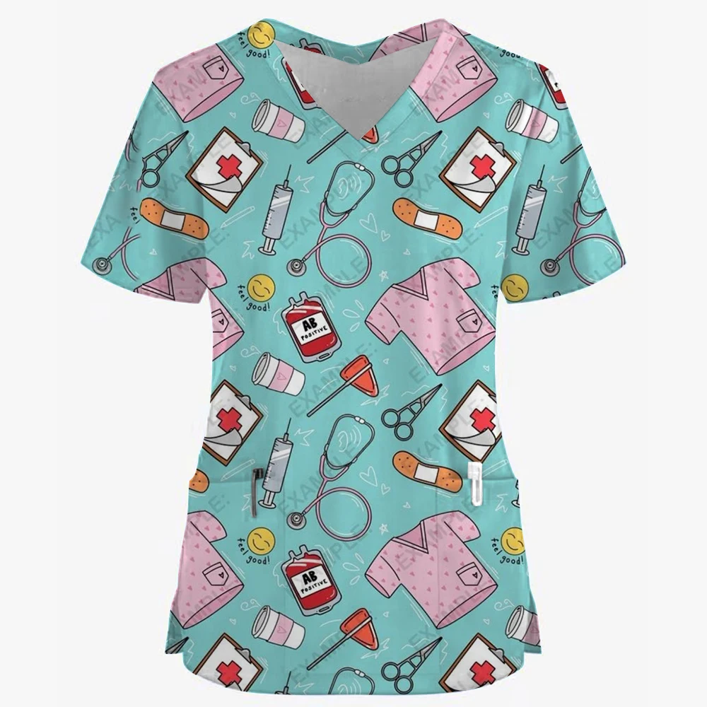 Damski mundurek pielęgniarski prosty nadruk gwiazdy 3D topy z kieszeniami w kształcie litery V mundurek medyczny fartuch chirurgiczny do karmienia topy odzież robocza