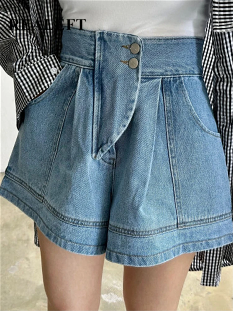 

REALEFT Spring Summer Buttons Chic Women's Denim Shorts 2023 New High Waist Casual Jeans Straight A-Line Trourses Female