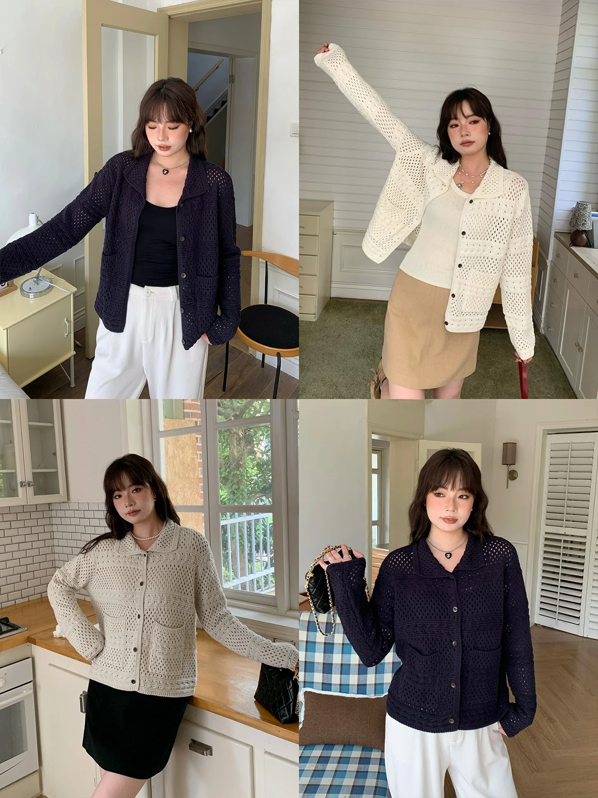 

Heavy-Weight Cotton Knitted Hollow out Sweater Korean Sle Loose Fit Cardigan for plus Size Women Retro Lapel Open-irt