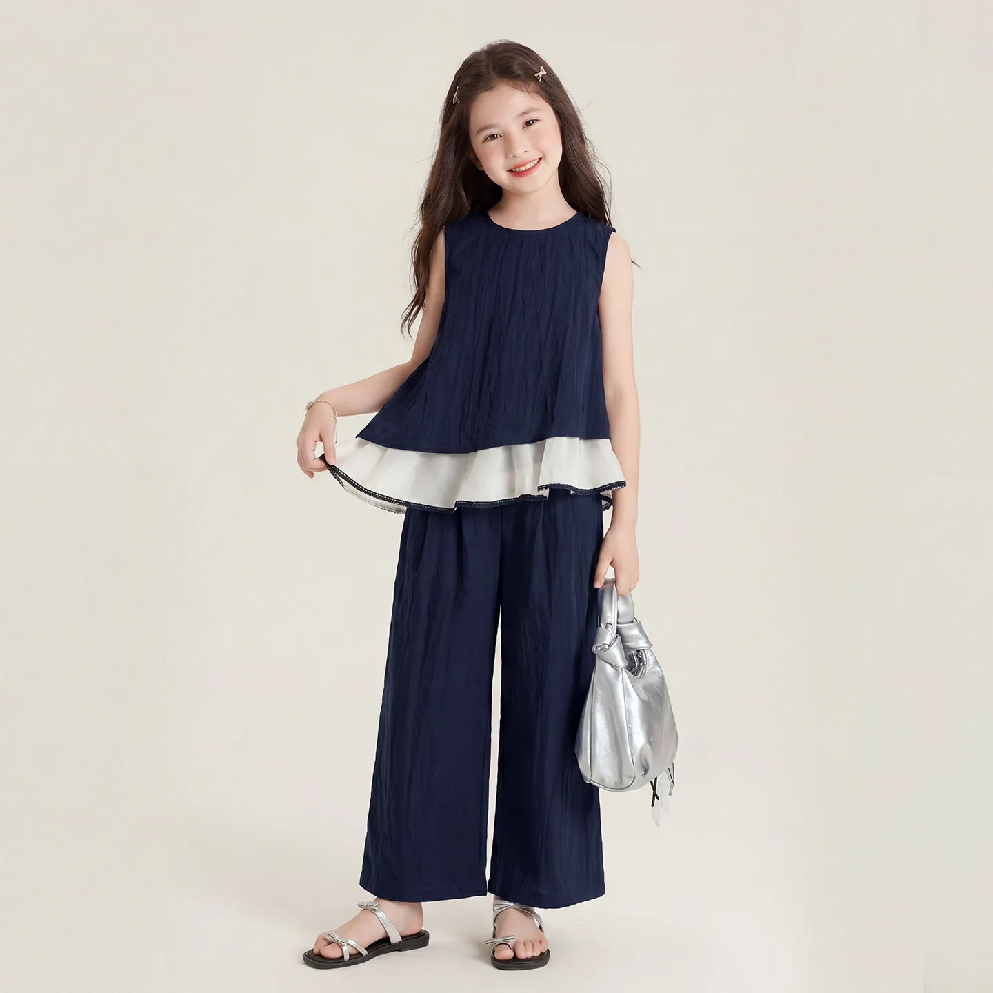 

Children Girls 2PCS Elegant Summer Outfit Set Korean Style Cool Thin Layered Ruffle Sleeveless Blouse + Wide Leg Pants Versatile