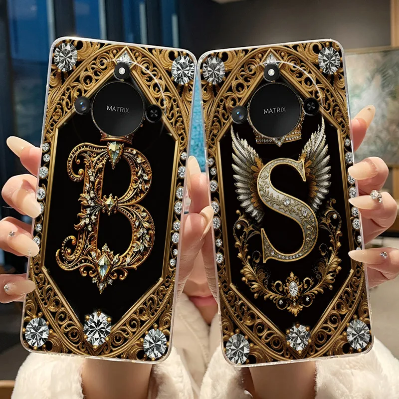 Cover For Honor X9c Smart 5G New Fashion Retro Initial Letter Couple Phone Case Transparent Soft Silicone TPU Casing