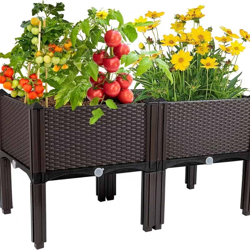 Elevated Raised Garden Bed with Legs Rattan Effect Plastic Planter Box with Drainage for Growing Vegetables Tomatoes Flowers Herbs Indoor Outdoor Patio view 2