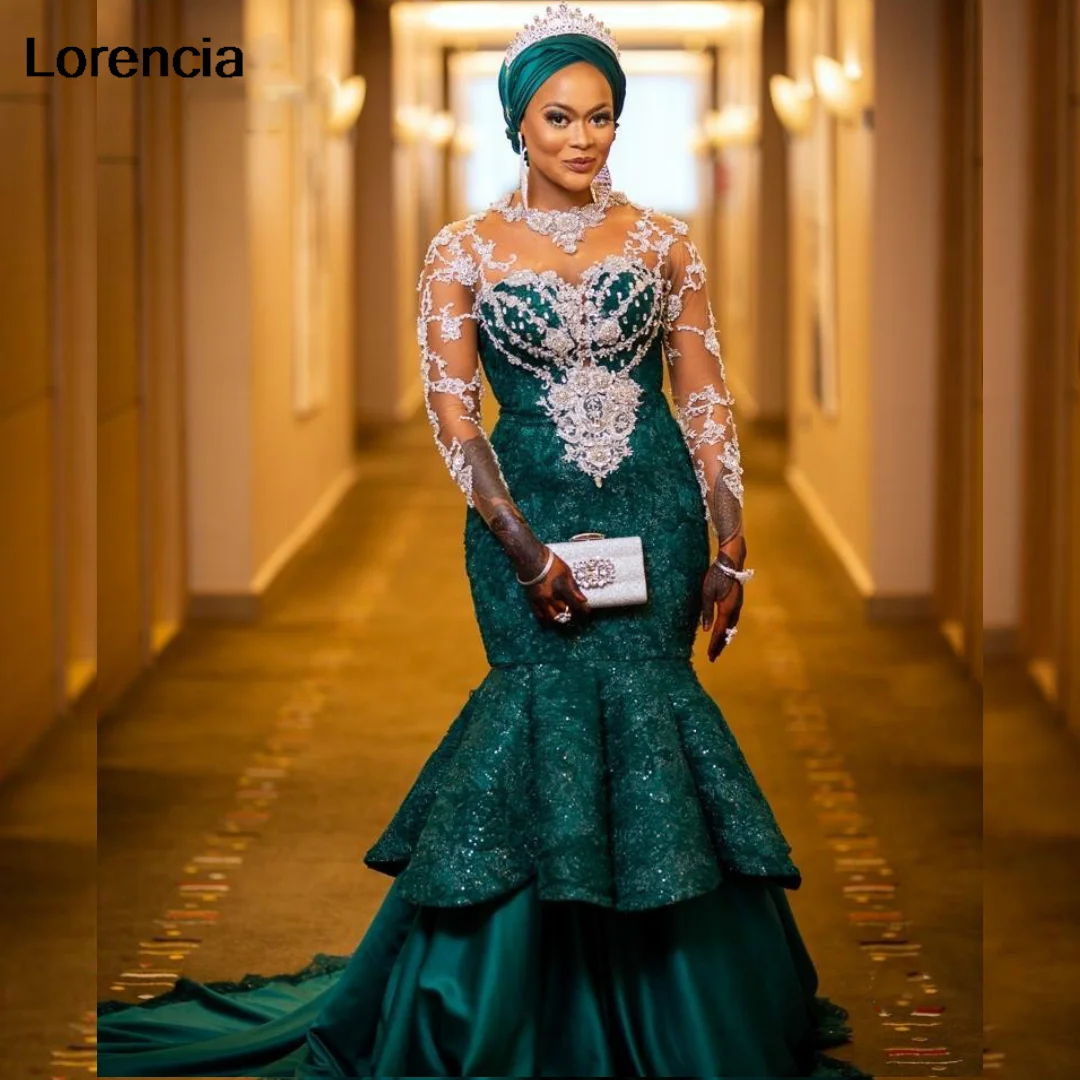 Lorensia Aso Ebi gaun Prom putri duyung hijau 2024 gaun malam Formal Arab Afrika Applique renda lengan panjang