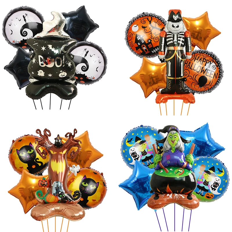 

5PCS Halloween Theme Scary Pumpkin Witch Bat Cat Foil Balloons Dwarf Elf Trick or Treat for Children Happy Halloween Decorations