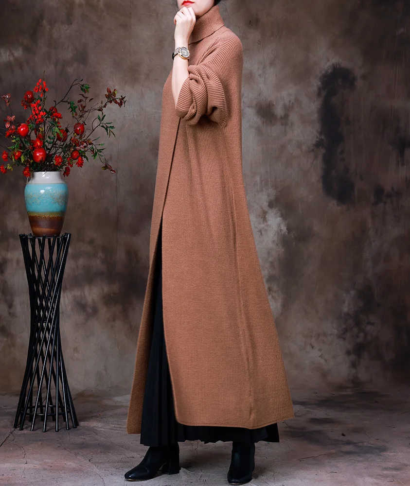 Vefadisa Coffee 2025 Spring Autumn New Women Sweater Dress Turtleneck Long Sleeve Irregular Slit Design Sweater Dress ZXY1304A