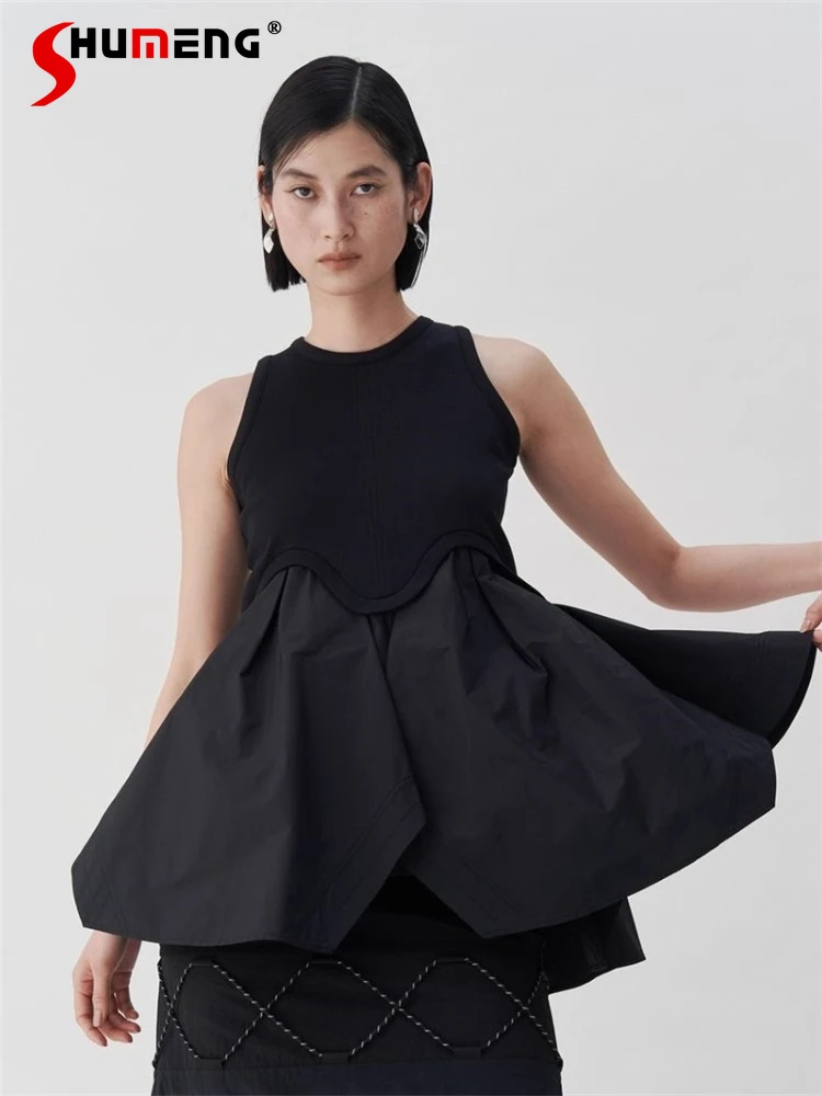

Japanese Style Fashion Versatile Patchwork Sleeveless T-Shirt Women's Slim Fit Camis French Elegant Retro Daily Basic T-Shirts
