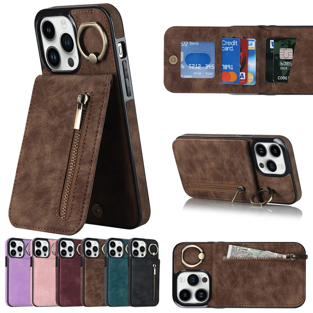 Zipper Cards Holder Leather Wallet Phone Case For iPhone 14 15 16 Pro Max 12 11 13 XS X XR 8 7 Plus Anti-drop Kickstand Cover