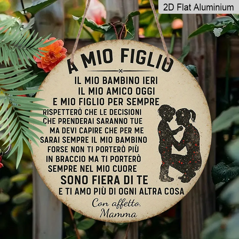 2D Flat, 1pc 7.87inch Aluminum Metal Wall Sign, A Mio Figlio Italian Quote with Mother & Child Silhouette, Vintage Rustic