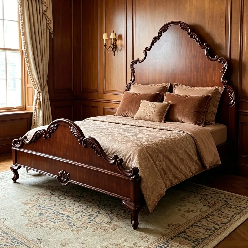 wood carving flower double bed 1.8 meters, retro master bedroom marriage bed European classical bedroom villa hotel furniture