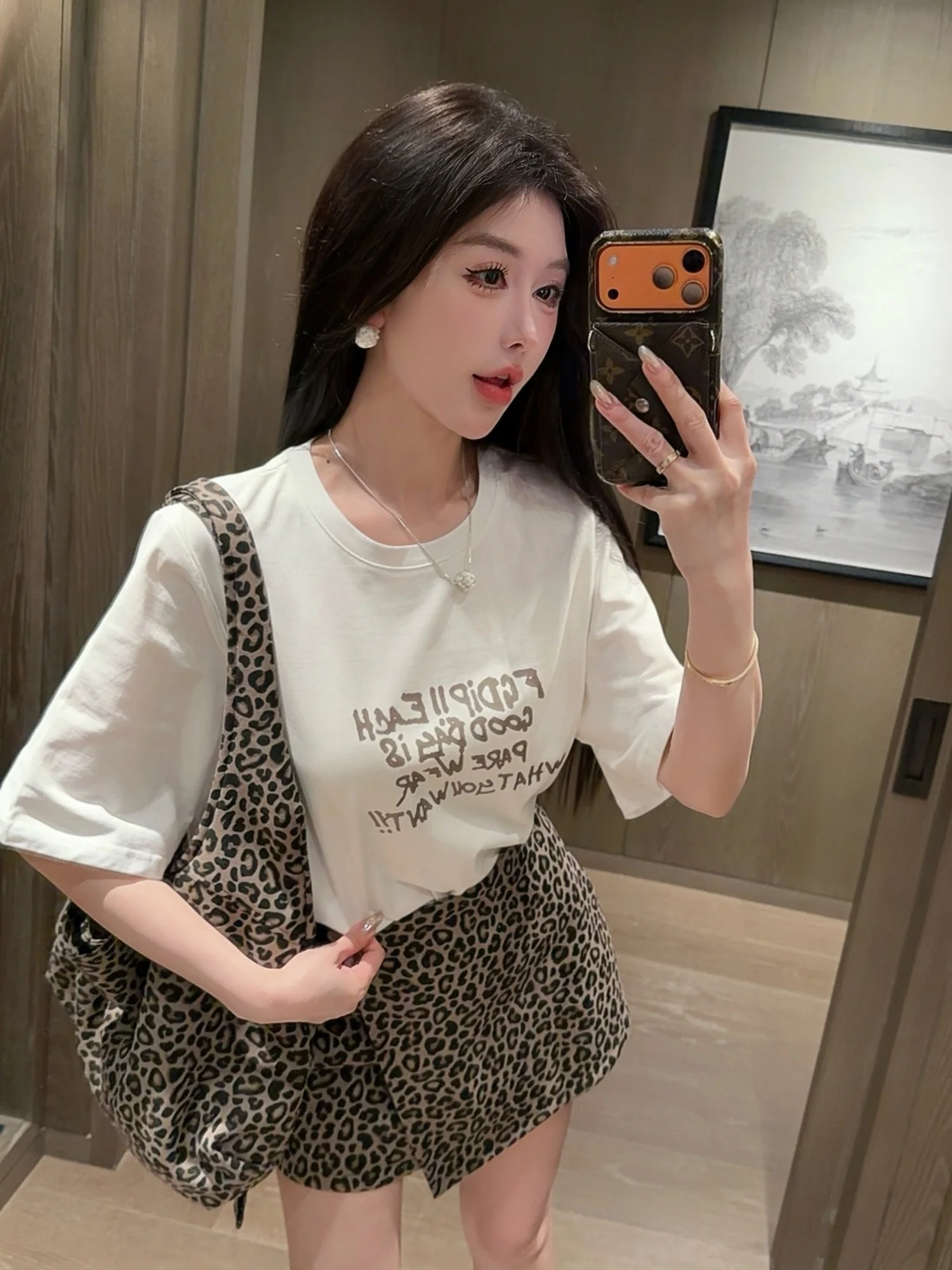 

LADIESFIRST Wild Miss Letter T-irt Leopard Print Skirt with Bag Tee-Piece Set Casual Loose Fit Spring Collection