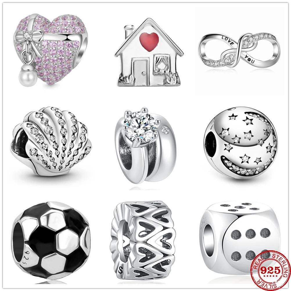 Fit Original Pandora Charm Bracelet 925 Sterling silver Heart Pearl Shell Dice football Pendant Charm Beads DIY Women Jewelry