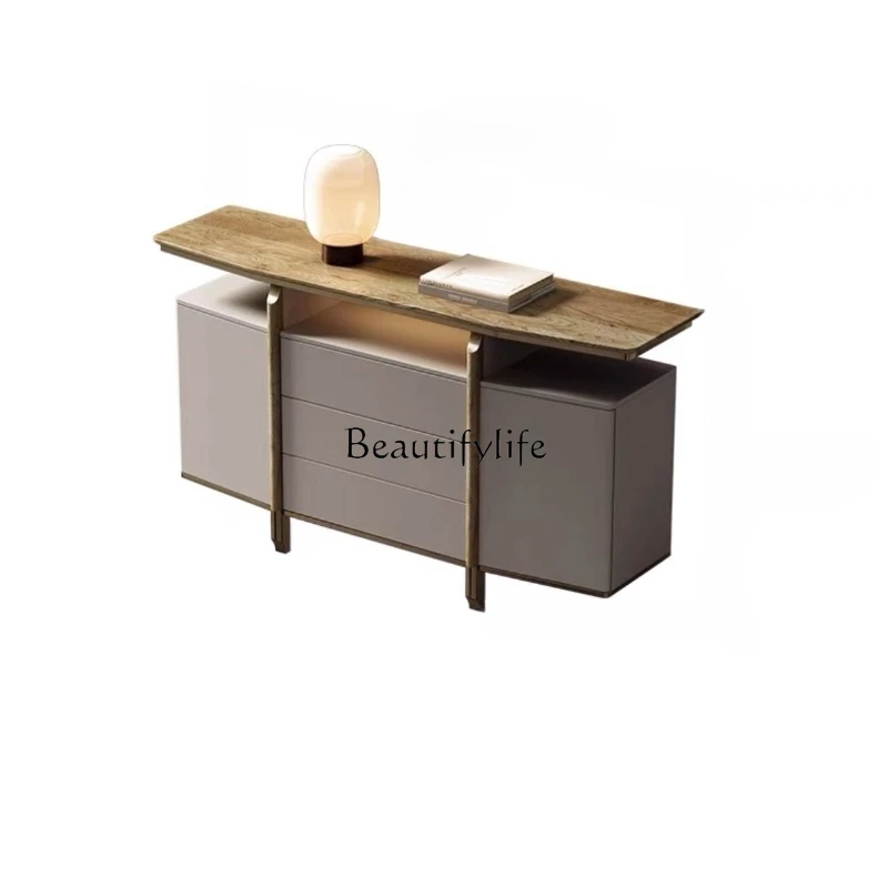 

Italian light luxury solid wood entrance table, large flat living room furniture, white oak entrance cabinet in the entrance