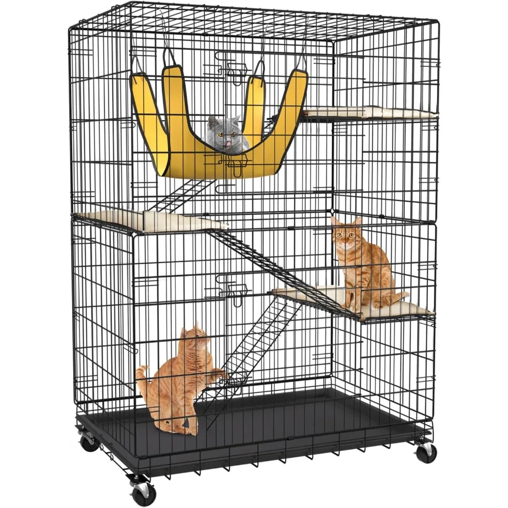 

Collapsible Cat Cage, 4-Tier 48 Inches Metal Large Cat Kennel Ferret Enclosure Chinchilla Cage with 360° Rotating Casters/Ramp