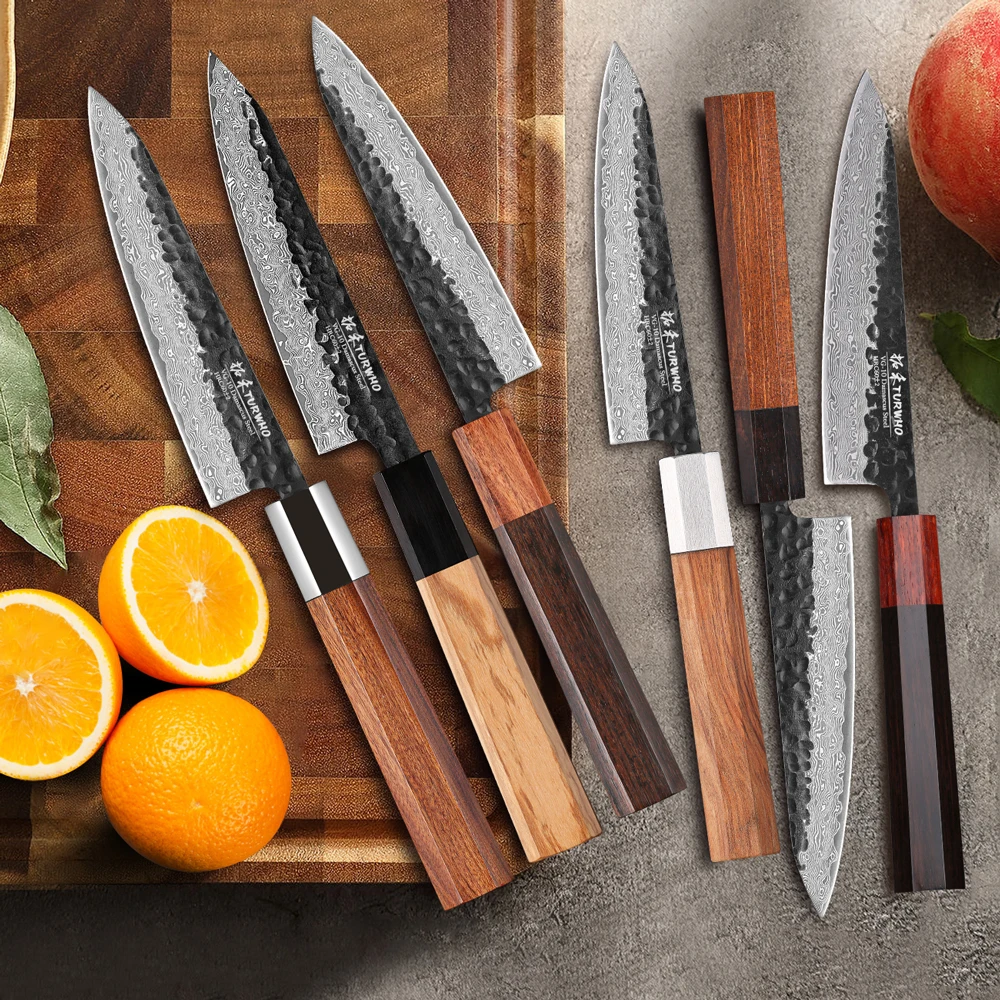 TURWHO 5-inch Japanese Hand Forged Kitchen Utility Knife Damascus Steel Chef Knives Sharp Vegetable Fruit Paring Cooking Tools